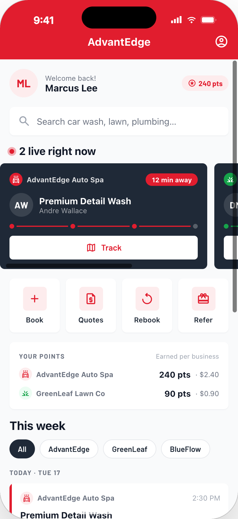AdvantEdge customer app — home screen with live job tracking and loyalty points