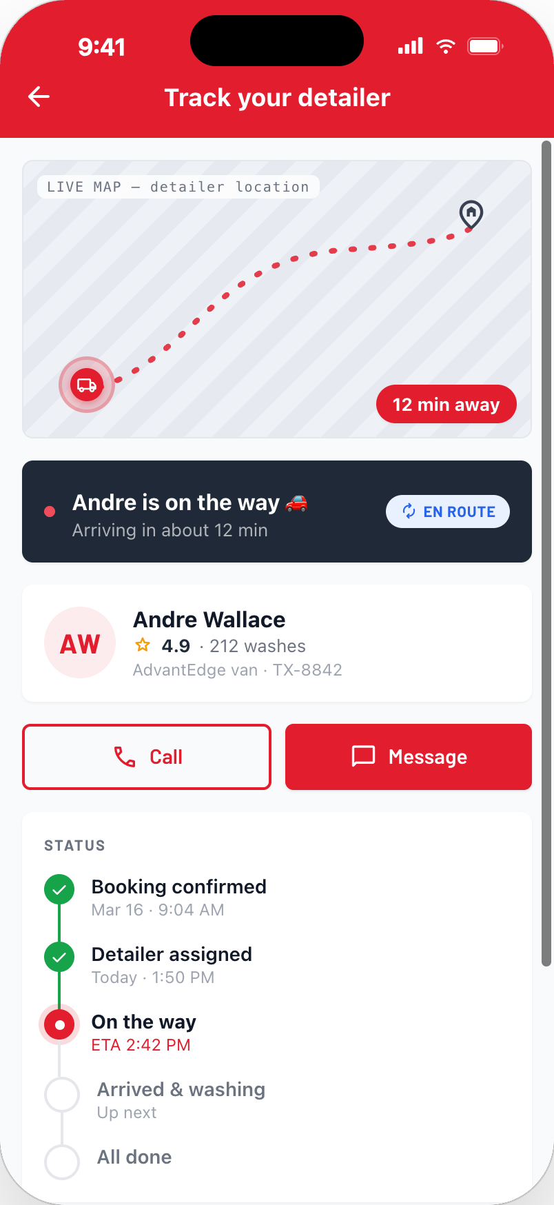 Live GPS tracking — customer view of technician en route with ETA and status timeline