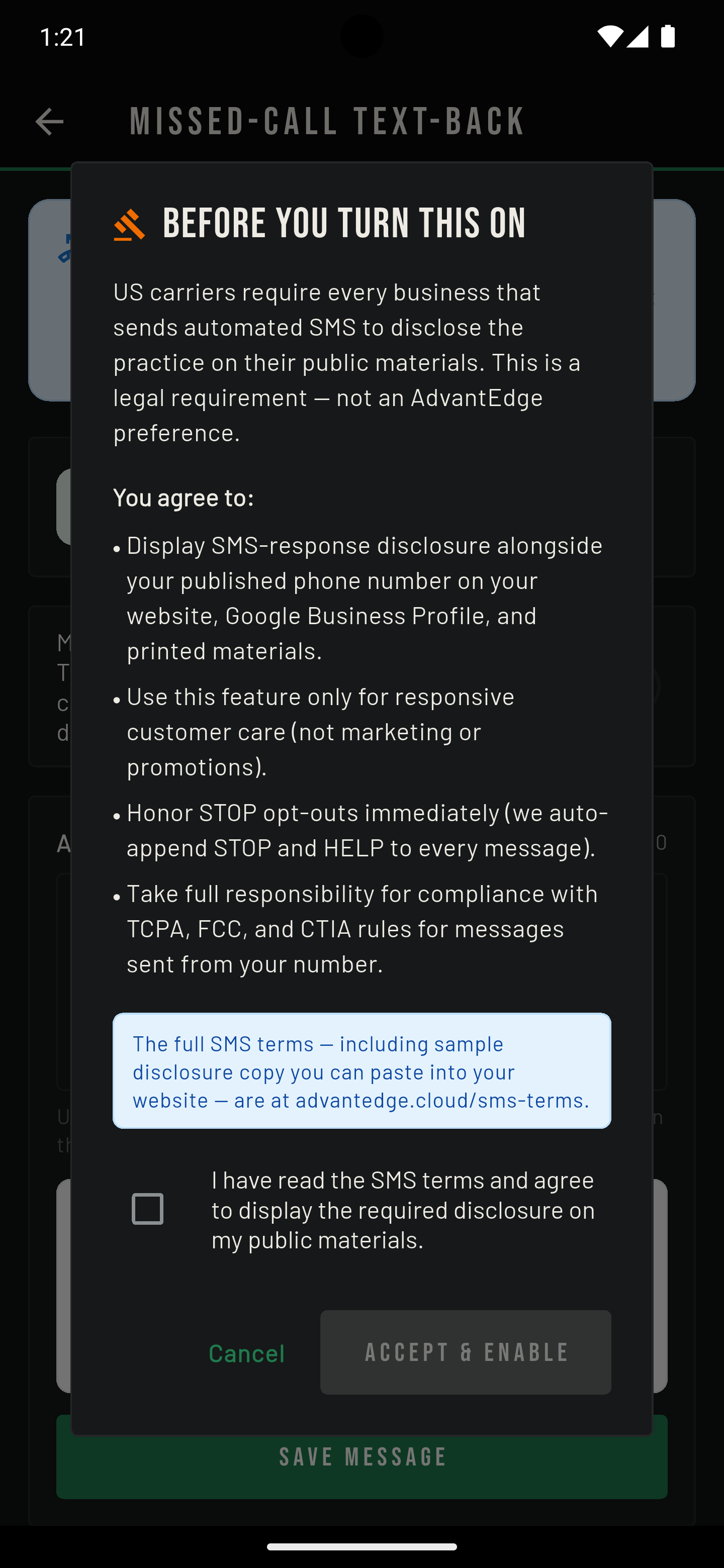 AdvantEdge disclosure gate dialog — 'Before you turn this on' — with obligations listed and unchecked consent checkbox