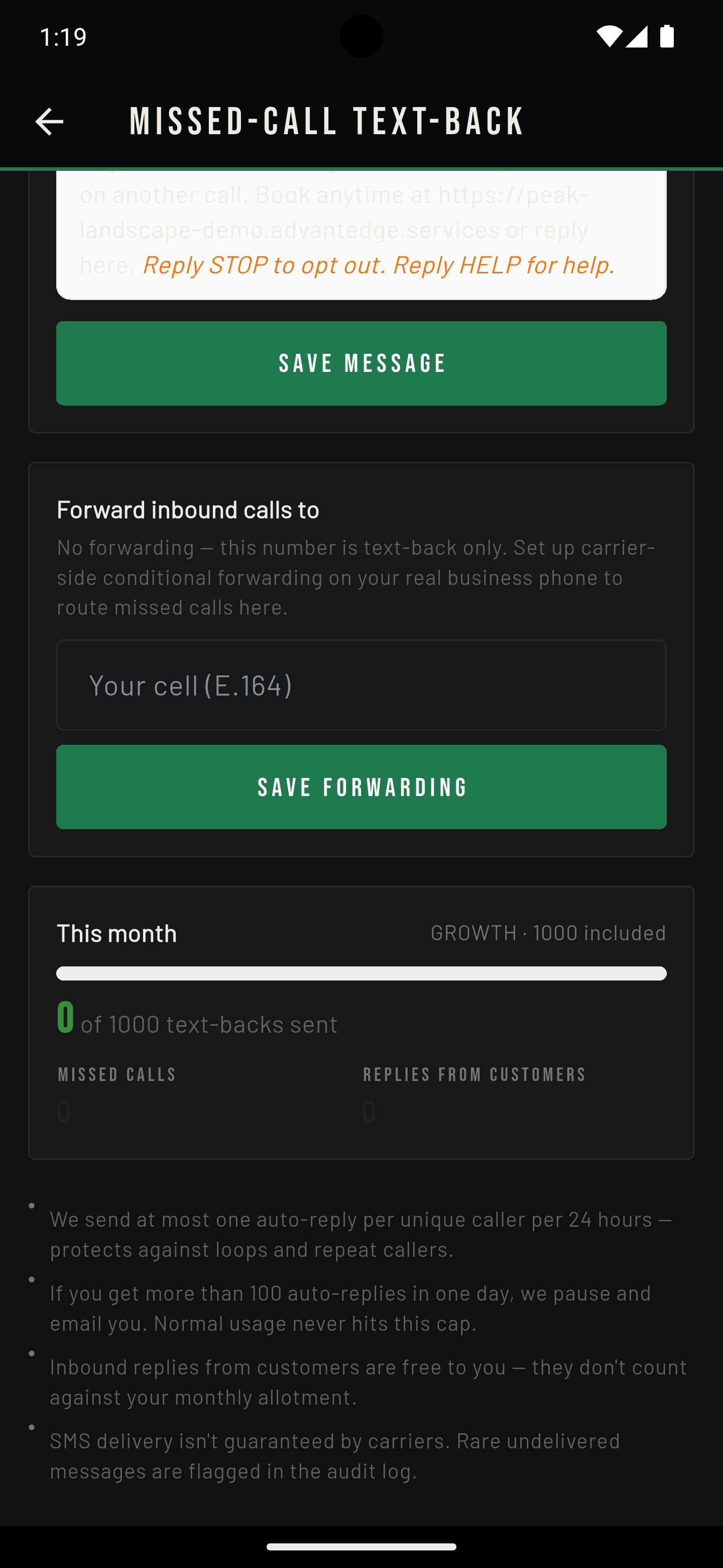 AdvantEdge usage meter — GROWTH plan · 1000 included · 0 of 1000 sent — with guardrail bullets: 1 reply per unique caller per 24 hours, 100/day pause, inbound replies free, undelivered flagged in audit log